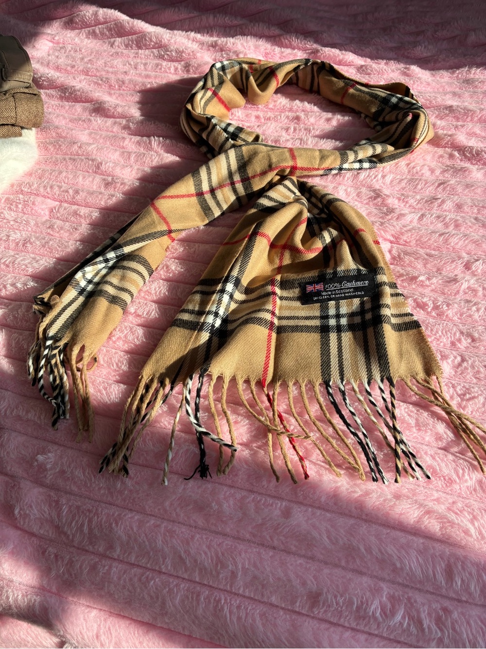 100% Scottish Cashmere Camel Plaid Scarf Made in Scotland